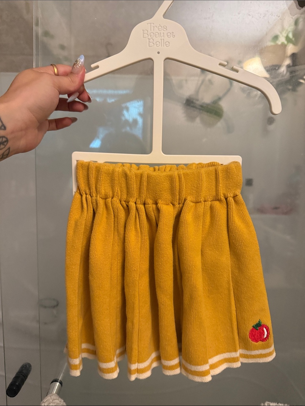 Kids Mustard Knit Skirt with Apple Embroidery